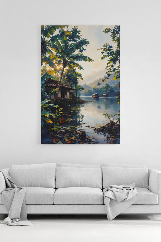 Yeşillikler İçinde Huzurlu Manzara Kanvas Sanatsal Dokunuş %100 Pamuk Kanvas