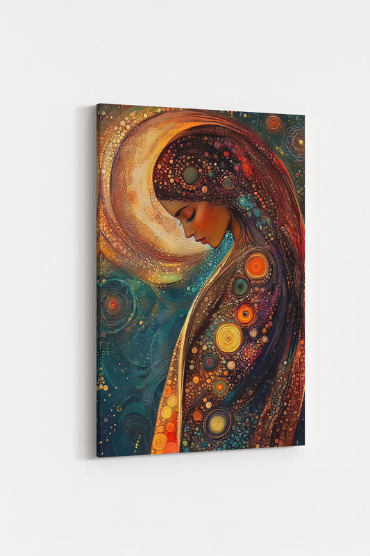 Soyut Kadın Temalı Tablo Canlı Renkler ve Spiritüel Detaylar %100 Pamuk Kanvas Duvar Sanatı